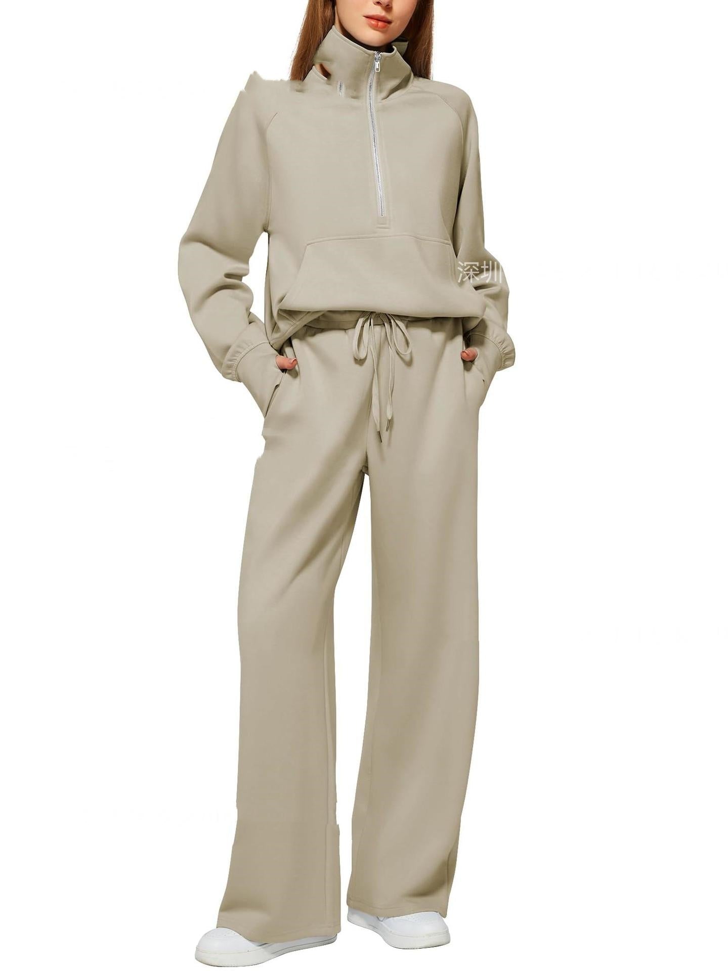 Woman's Solid Color Half Zip Long Sleeve Sweatshirt And Wide Leg Pants Set Casual Sporty Two Piece Outfit Suit - PratSN