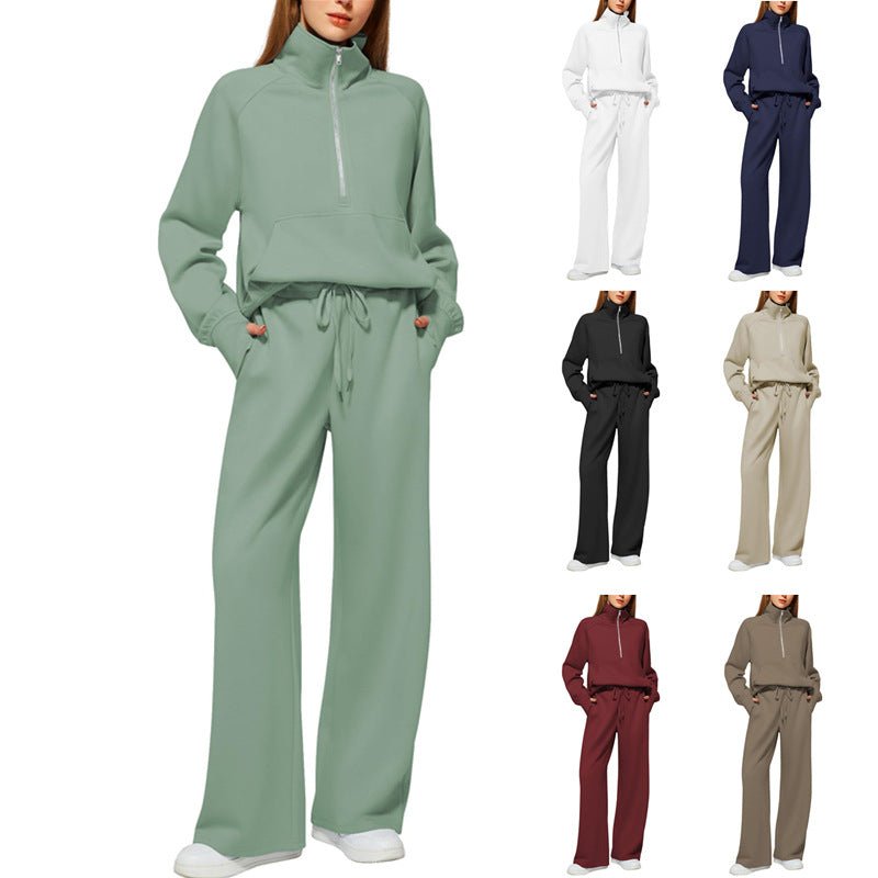 Woman's Solid Color Half Zip Long Sleeve Sweatshirt And Wide Leg Pants Set Casual Sporty Two Piece Outfit Suit - PratSN