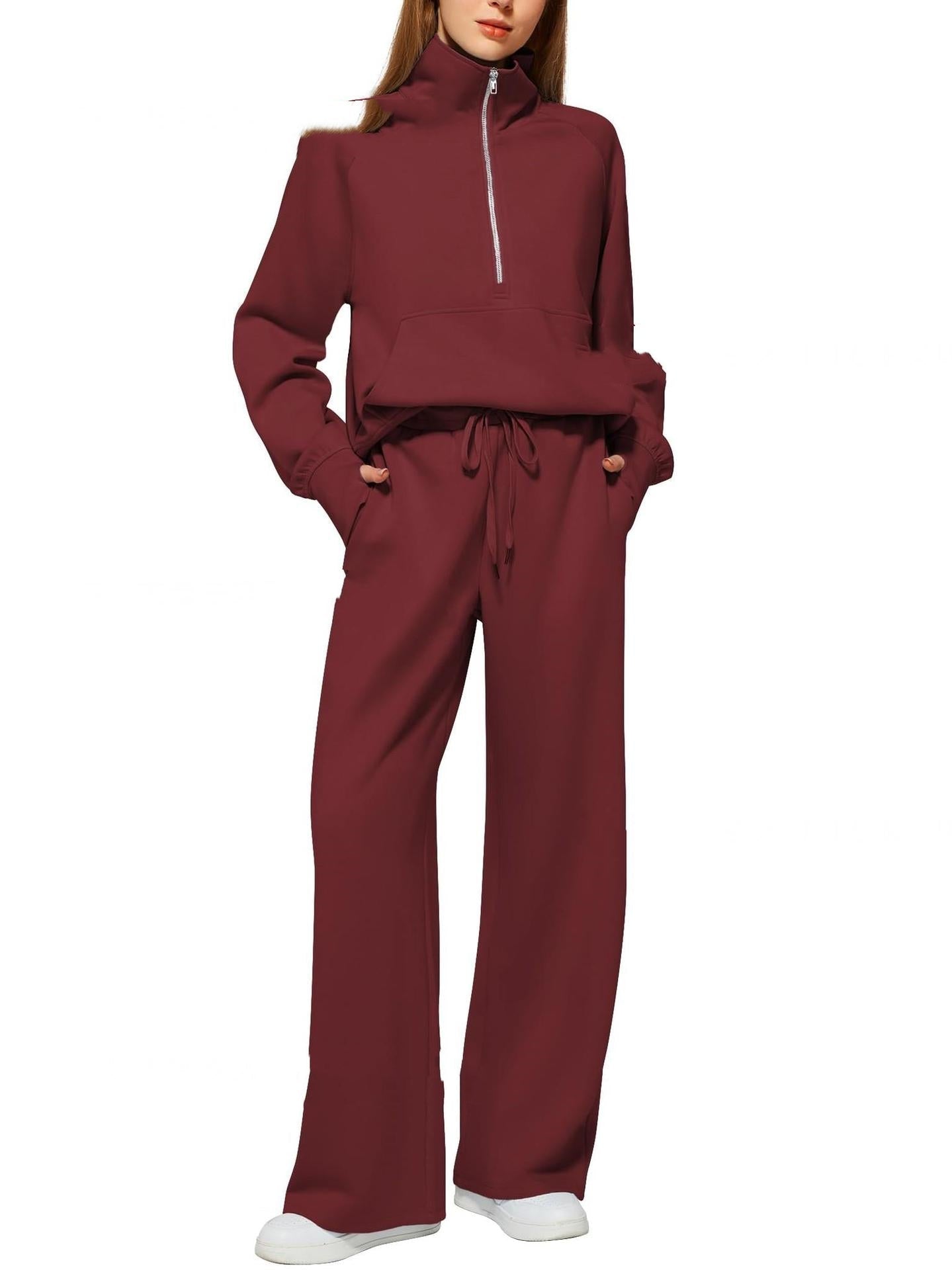 Woman's Solid Color Half Zip Long Sleeve Sweatshirt And Wide Leg Pants Set Casual Sporty Two Piece Outfit Suit - PratSN