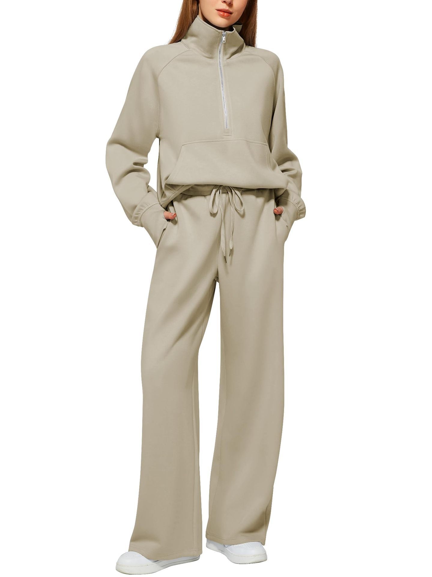 Woman's Solid Color Half Zip Long Sleeve Sweatshirt And Wide Leg Pants Set Casual Sporty Two Piece Outfit Suit - PratSN