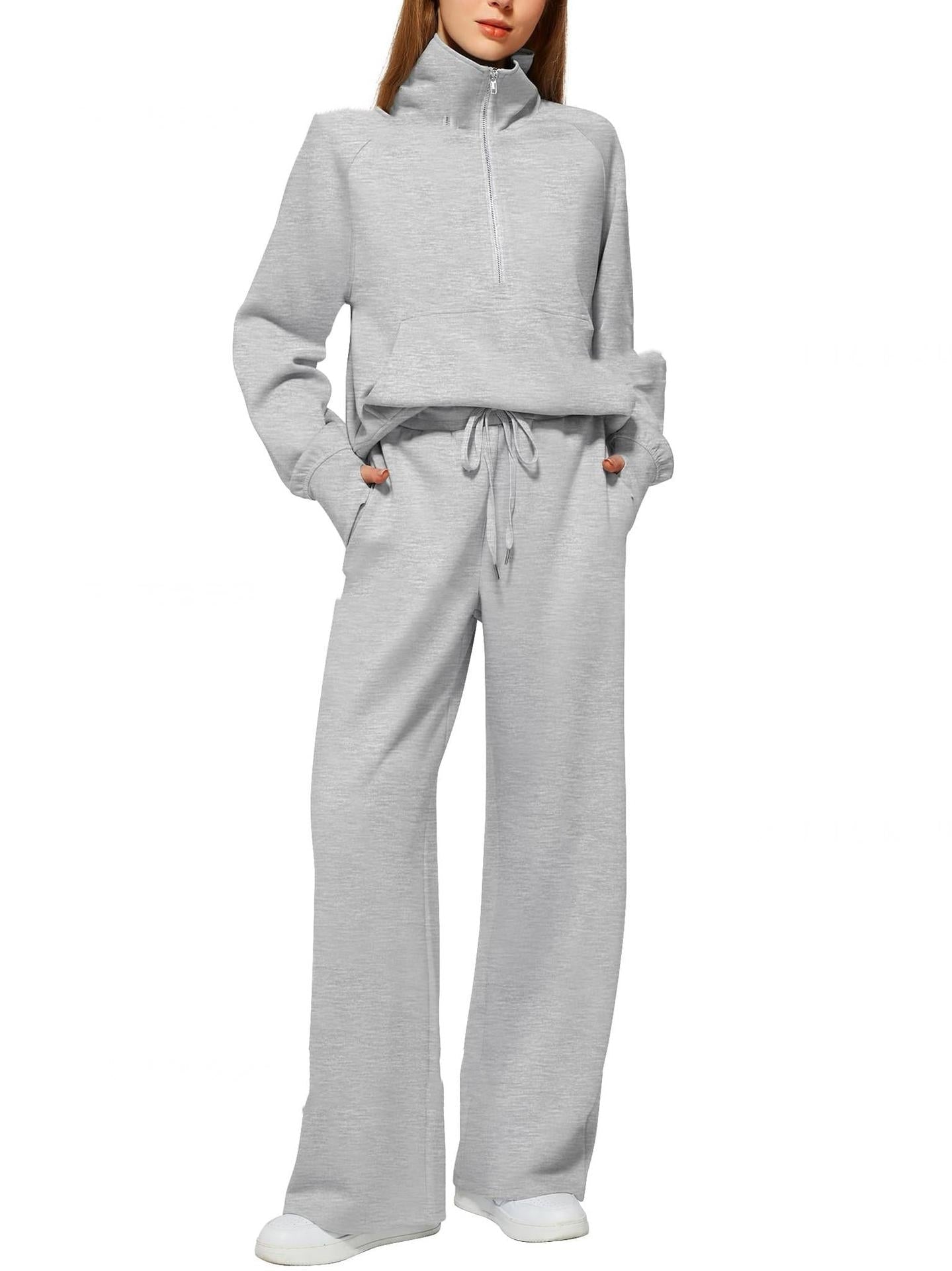 Woman's Solid Color Half Zip Long Sleeve Sweatshirt And Wide Leg Pants Set Casual Sporty Two Piece Outfit Suit - PratSN