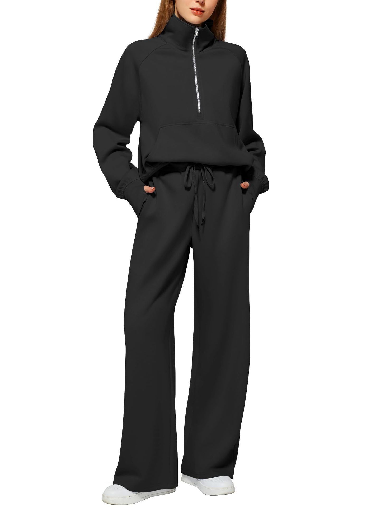 Woman's Solid Color Half Zip Long Sleeve Sweatshirt And Wide Leg Pants Set Casual Sporty Two Piece Outfit Suit - PratSN