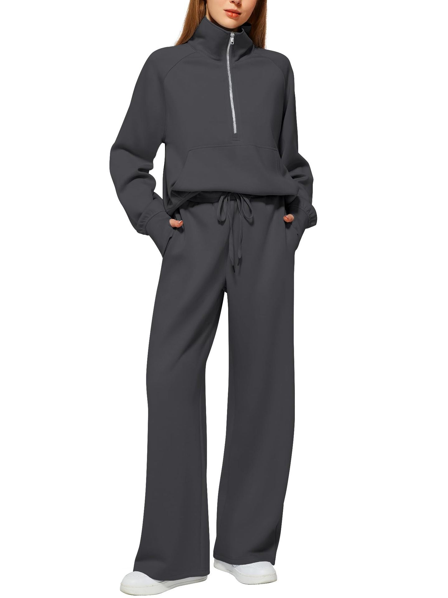 Woman's Solid Color Half Zip Long Sleeve Sweatshirt And Wide Leg Pants Set Casual Sporty Two Piece Outfit Suit - PratSN