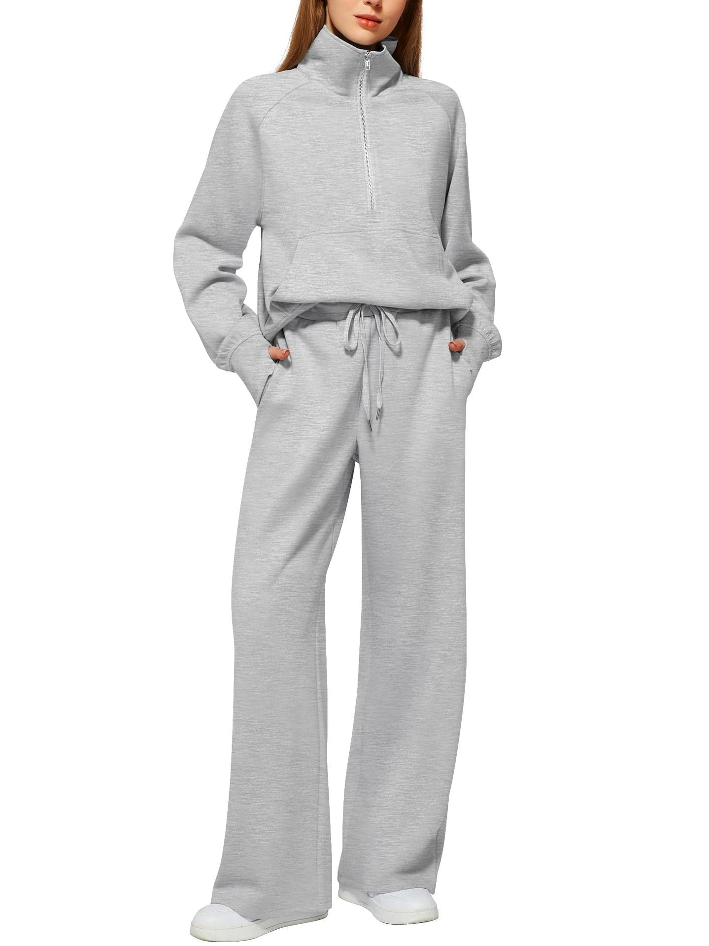 Woman's Solid Color Half Zip Long Sleeve Sweatshirt And Wide Leg Pants Set Casual Sporty Two Piece Outfit Suit - PratSN