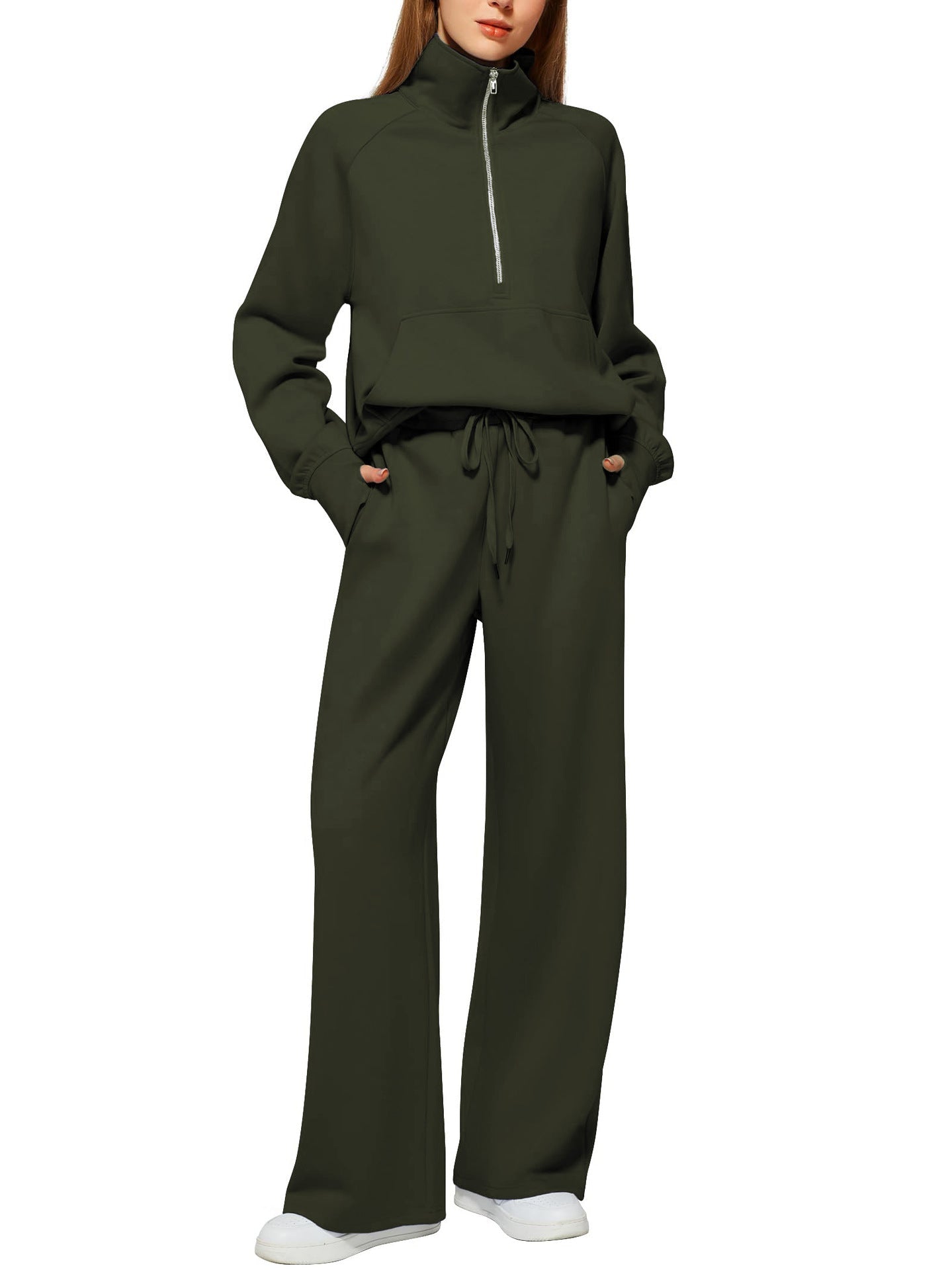 Woman's Solid Color Half Zip Long Sleeve Sweatshirt And Wide Leg Pants Set Casual Sporty Two Piece Outfit Suit - PratSN