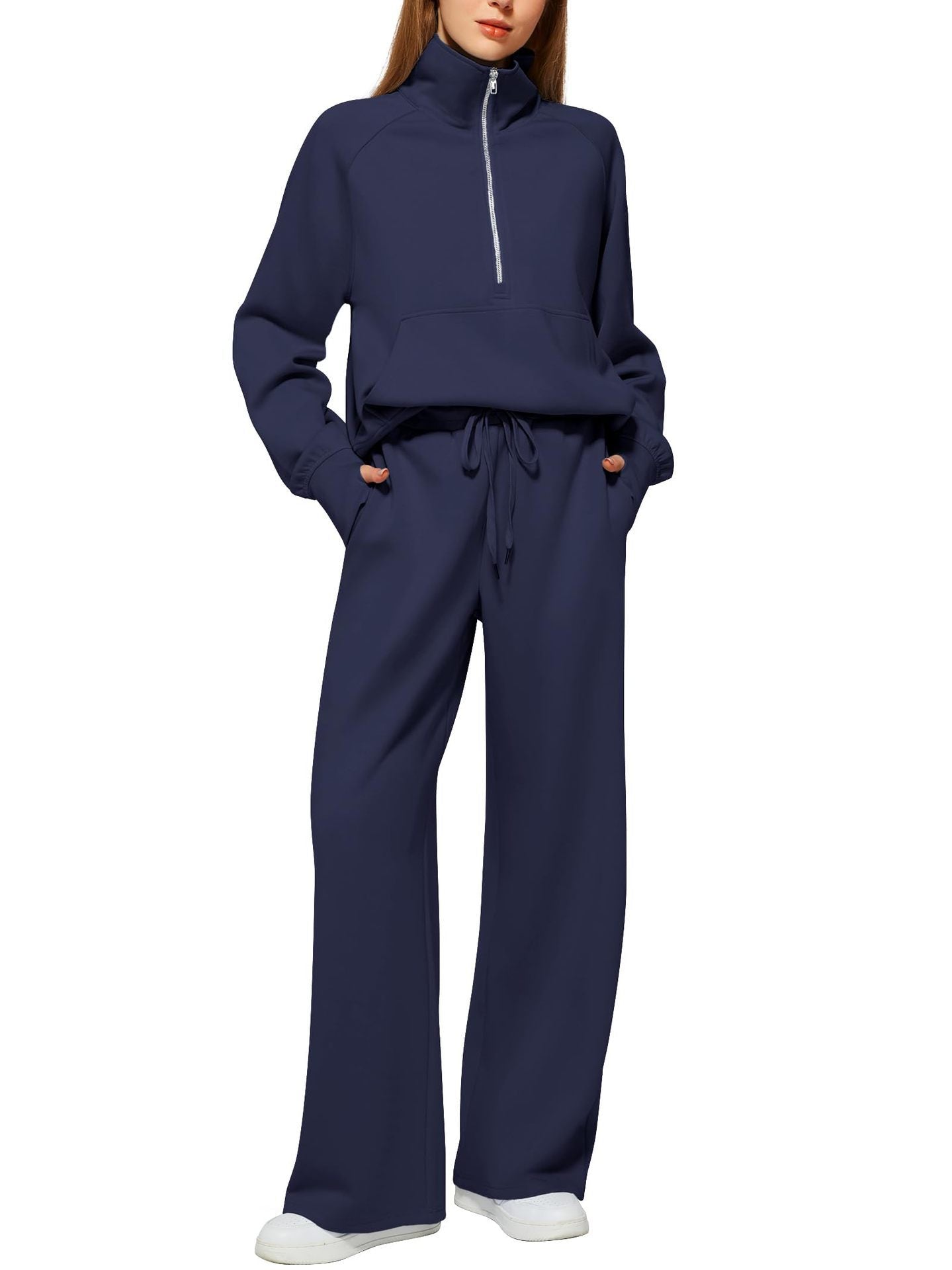 Woman's Solid Color Half Zip Long Sleeve Sweatshirt And Wide Leg Pants Set Casual Sporty Two Piece Outfit Suit - PratSN