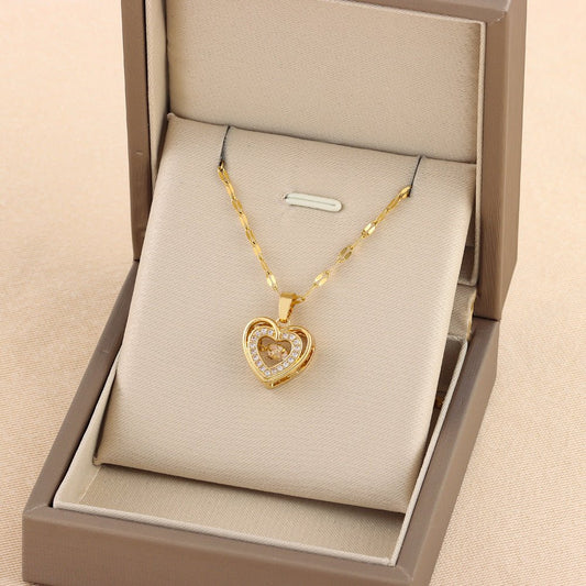 Woman's Valentine's Day Gift Double - layer Love Necklace With Rhinestones, Titanium Steel Pendant - PratSN