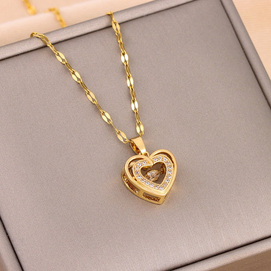 Woman's Valentine's Day Gift Double - layer Love Necklace With Rhinestones, Titanium Steel Pendant - PratSN