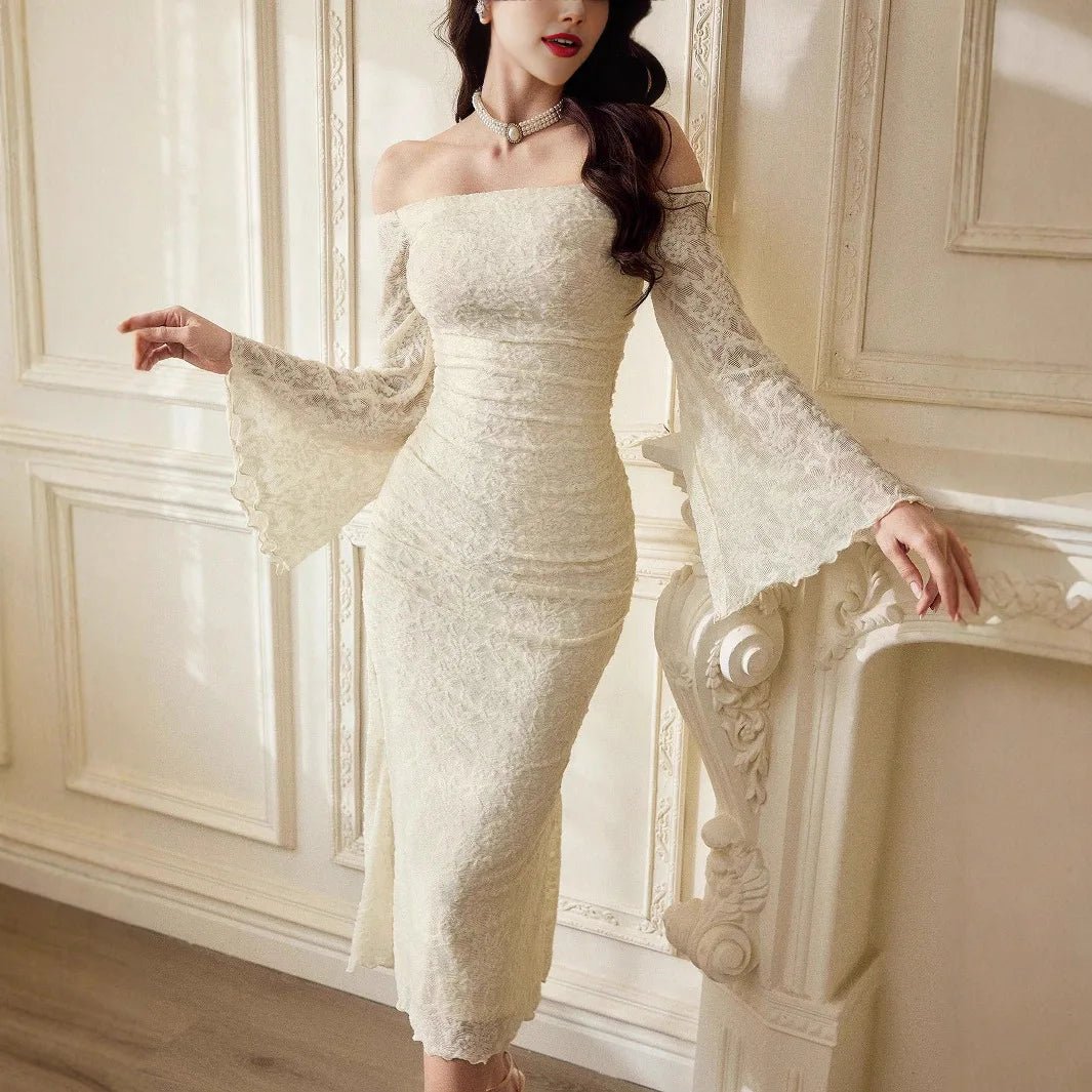 Women 2025 Slash Neck Lace Long Dresses Autumn Off Shoulder Spring Birthday Evening Party Prom Robe - PratSN