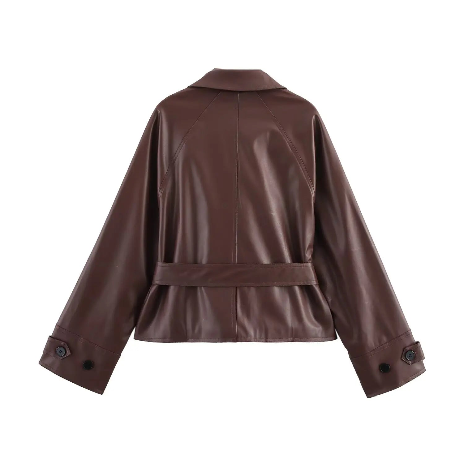 Women 2025 Spring New Fashion Imitation Leather Short Trench Coat Vintage Long Sleeve Pockets Casual Female Outerwear Chic Tops - PratSN