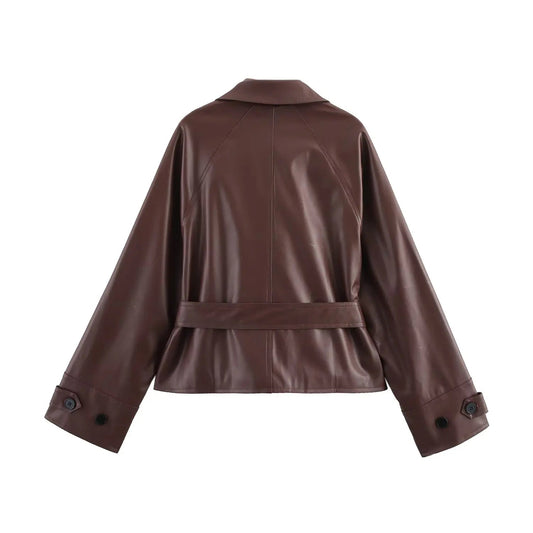 Women 2025 Spring New Fashion Imitation Leather Short Trench Coat Vintage Long Sleeve Pockets Casual Female Outerwear Chic Tops - PratSN