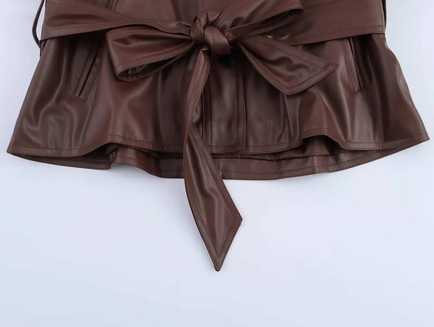 Women 2025 Spring New Fashion Imitation Leather Short Trench Coat Vintage Long Sleeve Pockets Casual Female Outerwear Chic Tops - PratSN