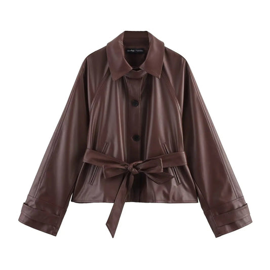 Women 2025 Spring New Fashion Imitation Leather Short Trench Coat Vintage Long Sleeve Pockets Casual Female Outerwear Chic Tops - PratSN
