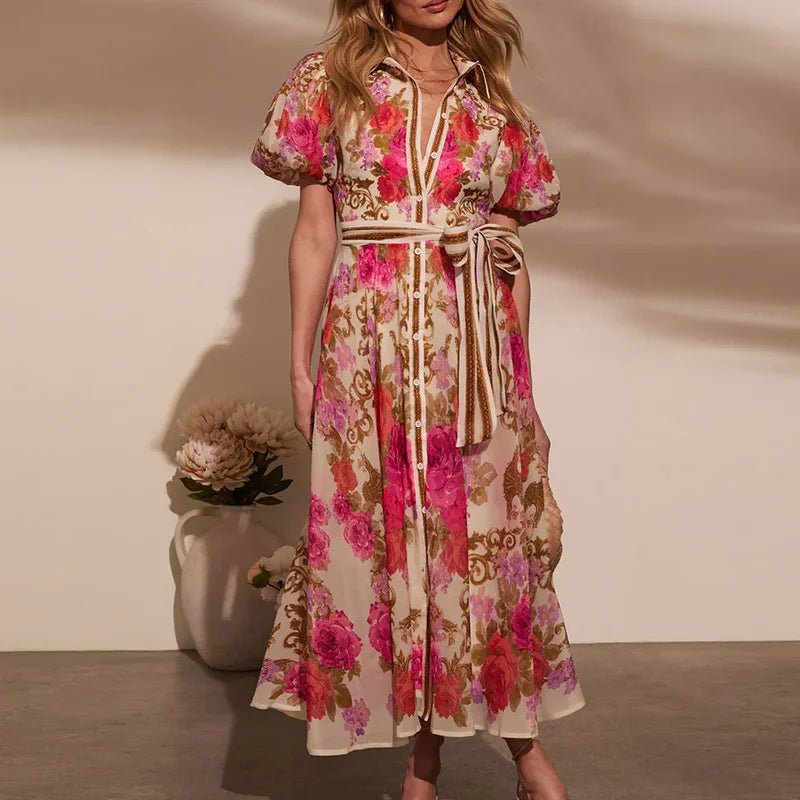 Women Casual Floral Print Bohemian Party Dress Chic Summer Lace - up Long Dress Ladies Elegant Single Breasted Shirts Dress 2025 - PratSN