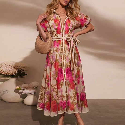 Women Casual Floral Print Bohemian Party Dress Chic Summer Lace - up Long Dress Ladies Elegant Single Breasted Shirts Dress 2025 - PratSN