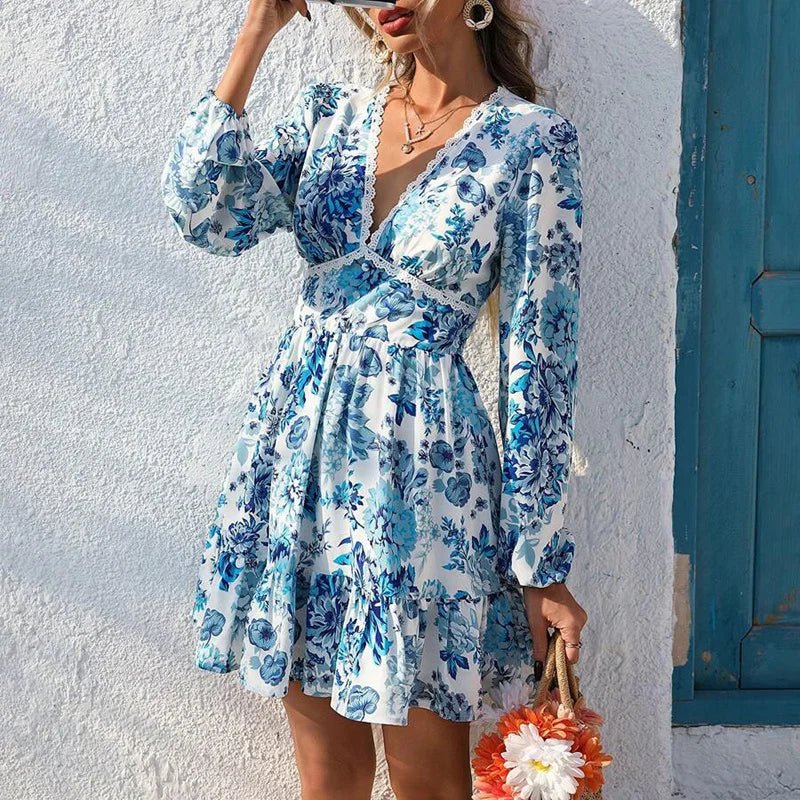 Women Casual Long Sleeve Waist A - Line Dress Fashion V - neck Hight Waist Party Dress Elegant Flower Print Ruffle Bohe Mini Dress - PratSN