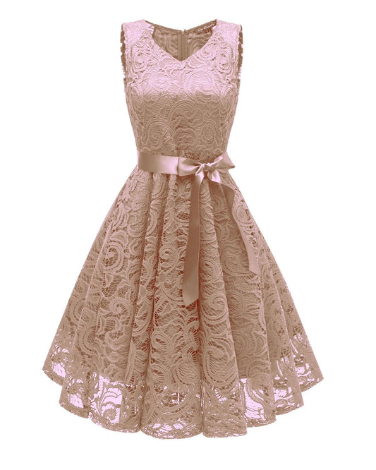 Women Casual Sleeveless Lace Elegant Casual Party Pleated Party Dresses - PratSN