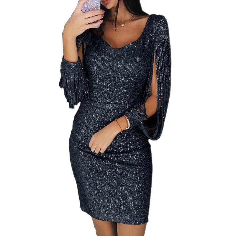 Women Dress Solid Color Long Tassel Sleeves V Neck lady Mini Dress Summer Sequins Glitter Party Slim Fit Dress Female Clothing - PratSN