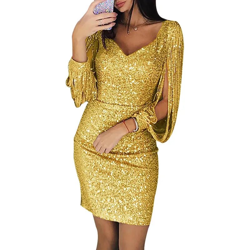 Women Dress Solid Color Long Tassel Sleeves V Neck lady Mini Dress Summer Sequins Glitter Party Slim Fit Dress Female Clothing - PratSN