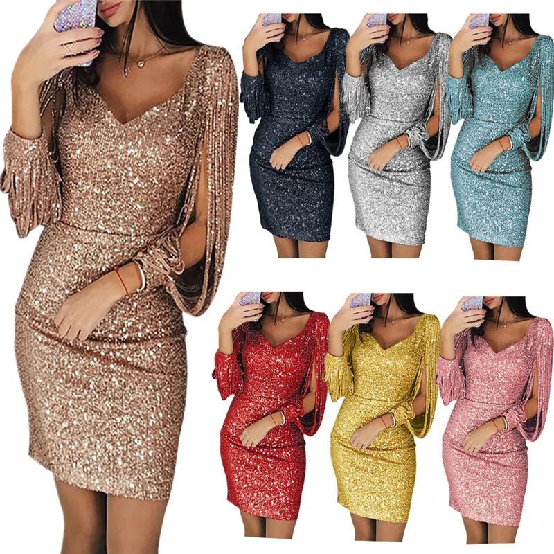 Women Dress Solid Color Long Tassel Sleeves V Neck lady Mini Dress Summer Sequins Glitter Party Slim Fit Dress Female Clothing - PratSN