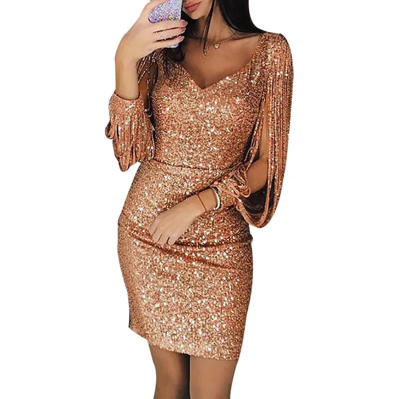 Women Dress Solid Color Long Tassel Sleeves V Neck lady Mini Dress Summer Sequins Glitter Party Slim Fit Dress Female Clothing - PratSN