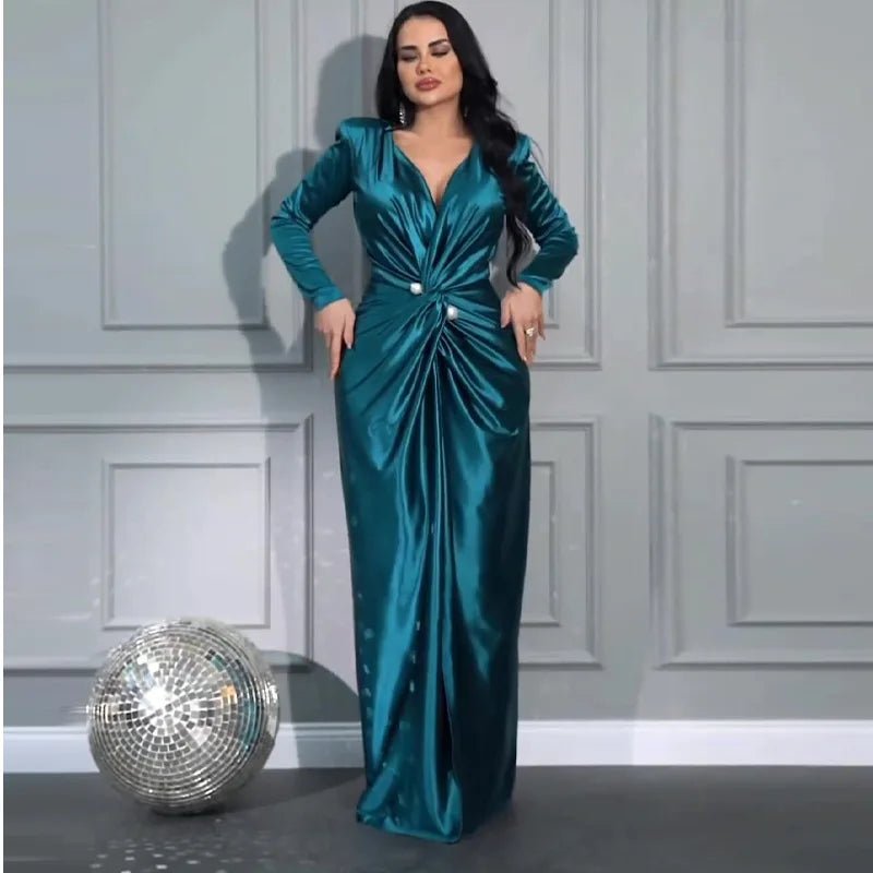 Women Elegant Dress V Neck Folds Tight Waist Evening Dresses Solid A Line Pleated Splice Full Sleeve Vestidos Party Prom