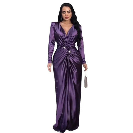 Women Elegant Dress V Neck Folds Tight Waist Evening Dresses Solid A Line Pleated Splice Full Sleeve Vestidos Party Prom - PratSN