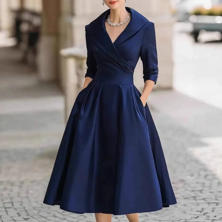 Women Elegant Long Sleeve Turn - down Collar A - line Dress Ladies Mid - Length Evening Dresess Cocktail Party Dresses - PratSN