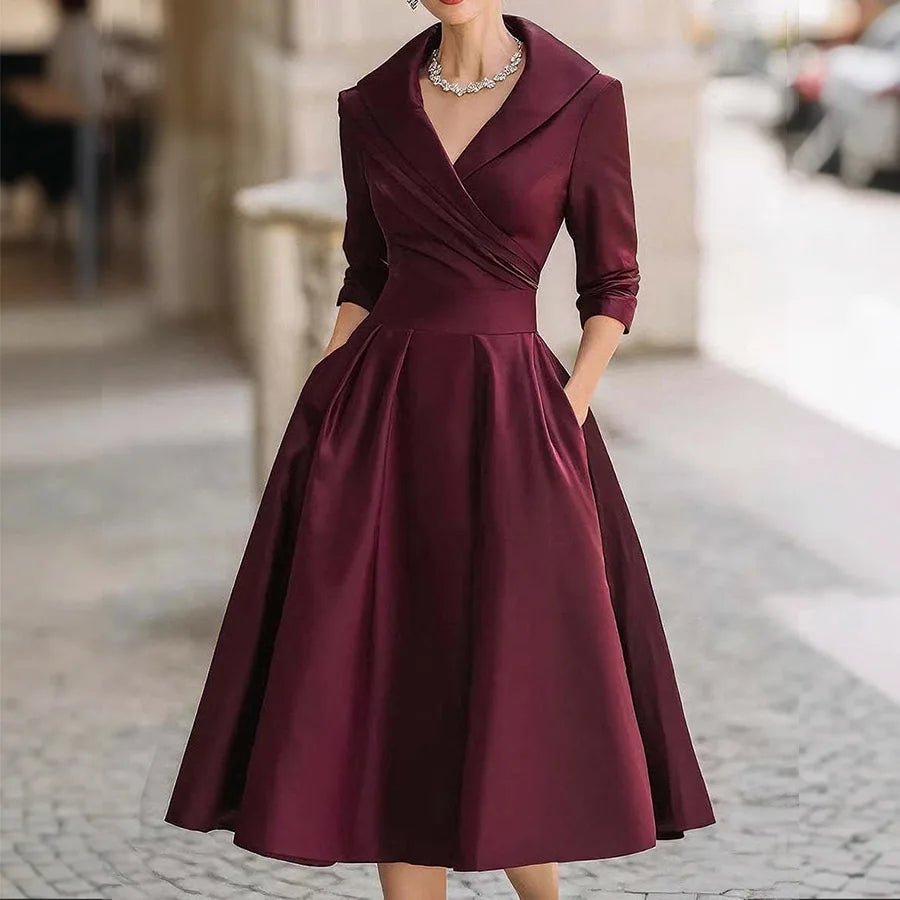 Women Elegant Long Sleeve Turn - down Collar A - line Dress Ladies Mid - Length Evening Dresess Cocktail Party Dresses - PratSN