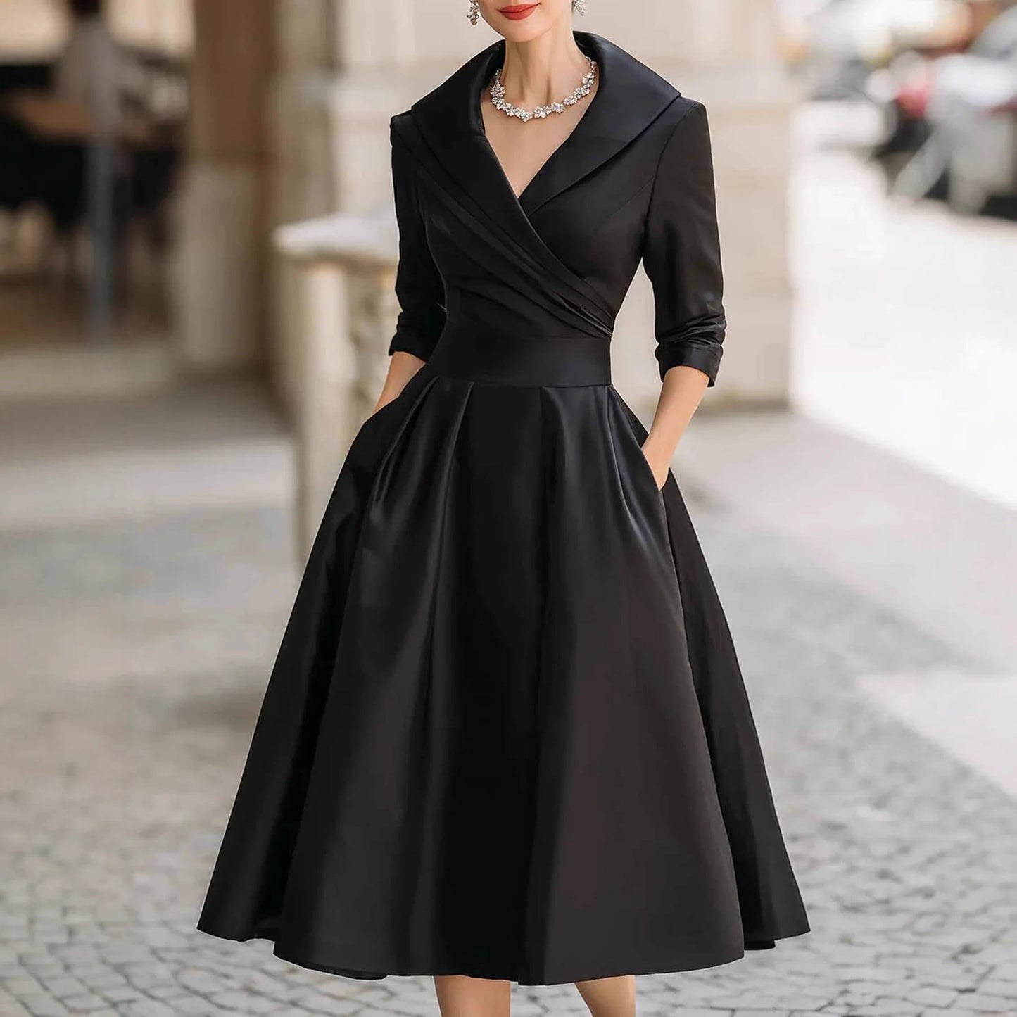 Women Elegant Long Sleeve Turn - down Collar A - line Dress Ladies Mid - Length Evening Dresess Cocktail Party Dresses - PratSN