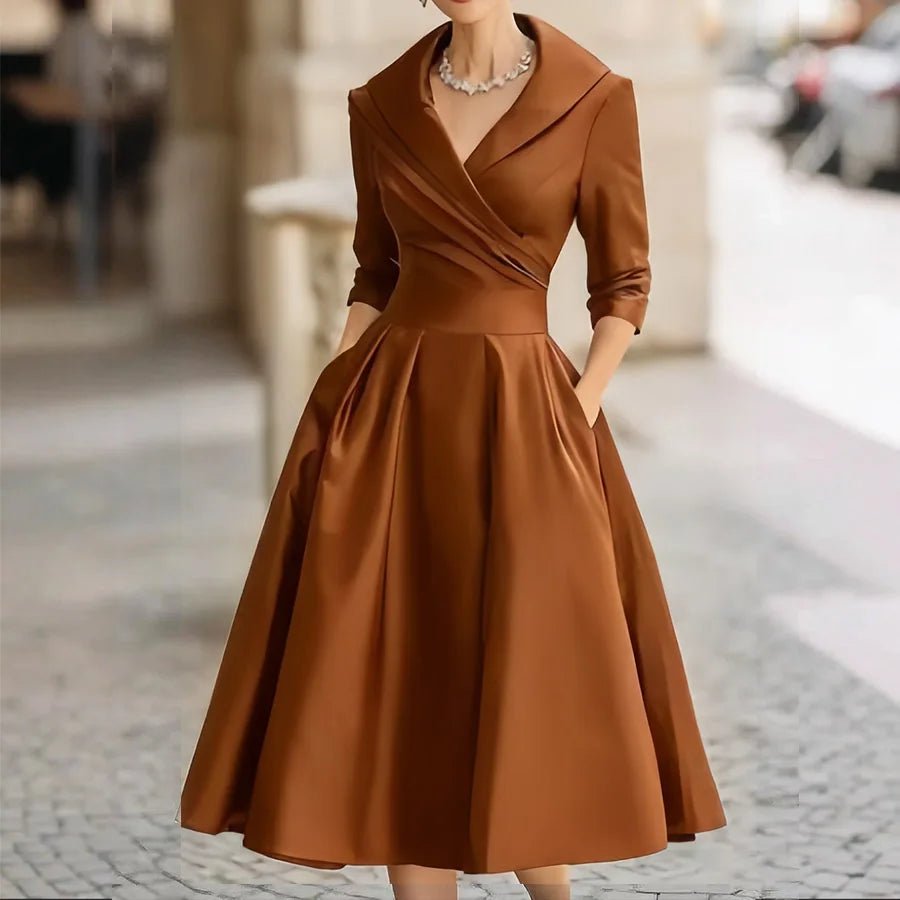Women Elegant Long Sleeve Turn - down Collar A - line Dress Ladies Mid - Length Evening Dresess Cocktail Party Dresses - PratSN