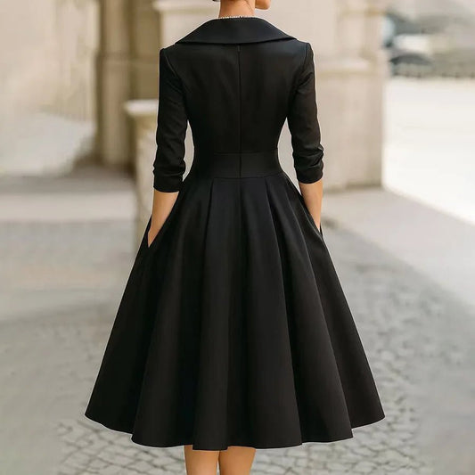 Women Elegant Long Sleeve Turn - down Collar A - line Dress Ladies Mid - Length Evening Dresess Cocktail Party Dresses - PratSN