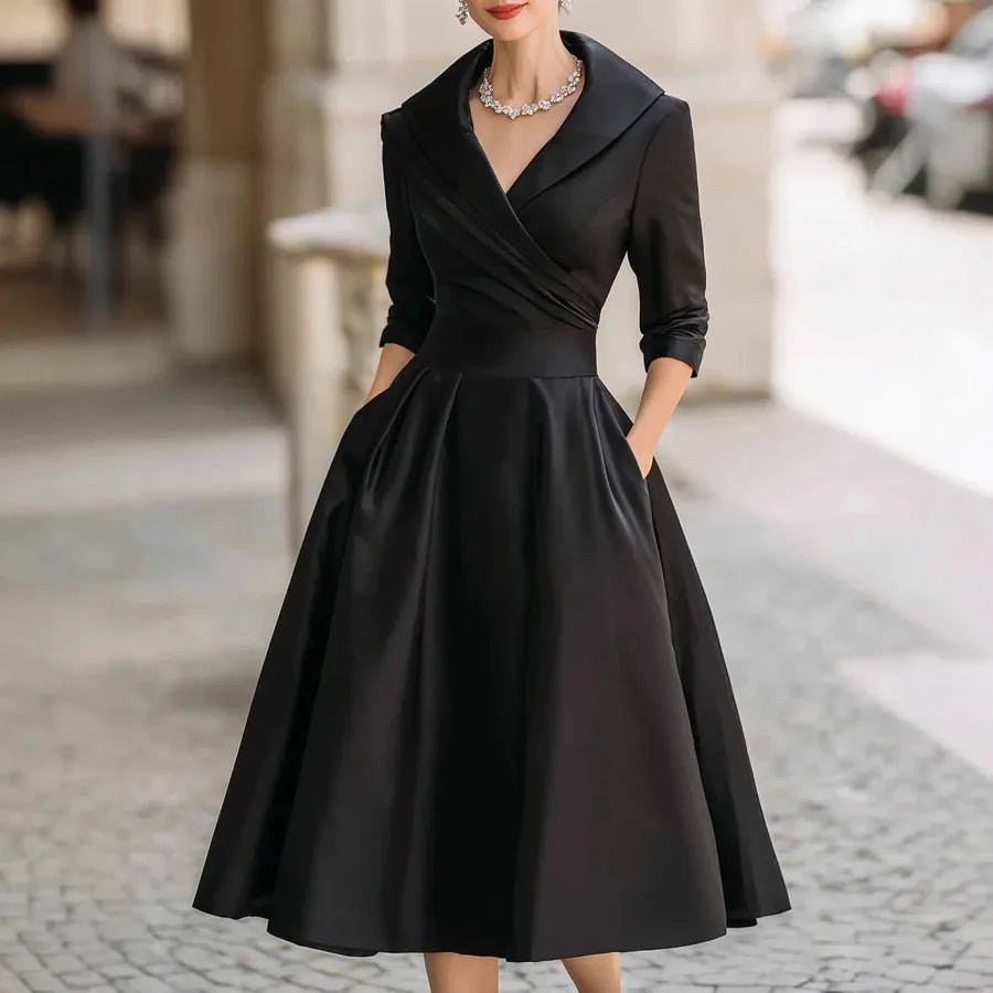 Women Elegant Long Sleeve Turn - down Collar A - line Dress Ladies Mid - Length Evening Dresess Cocktail Party Dresses - PratSN