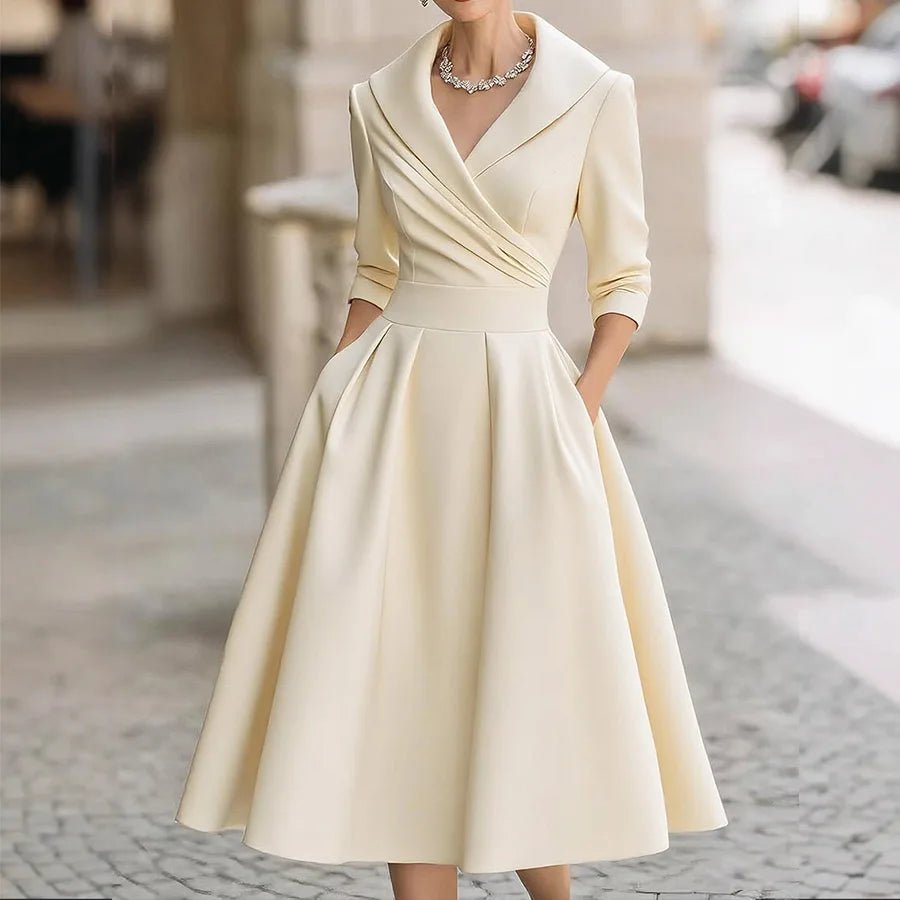 Women Elegant Long Sleeve Turn - down Collar A - line Dress Ladies Mid - Length Evening Dresess Cocktail Party Dresses - PratSN
