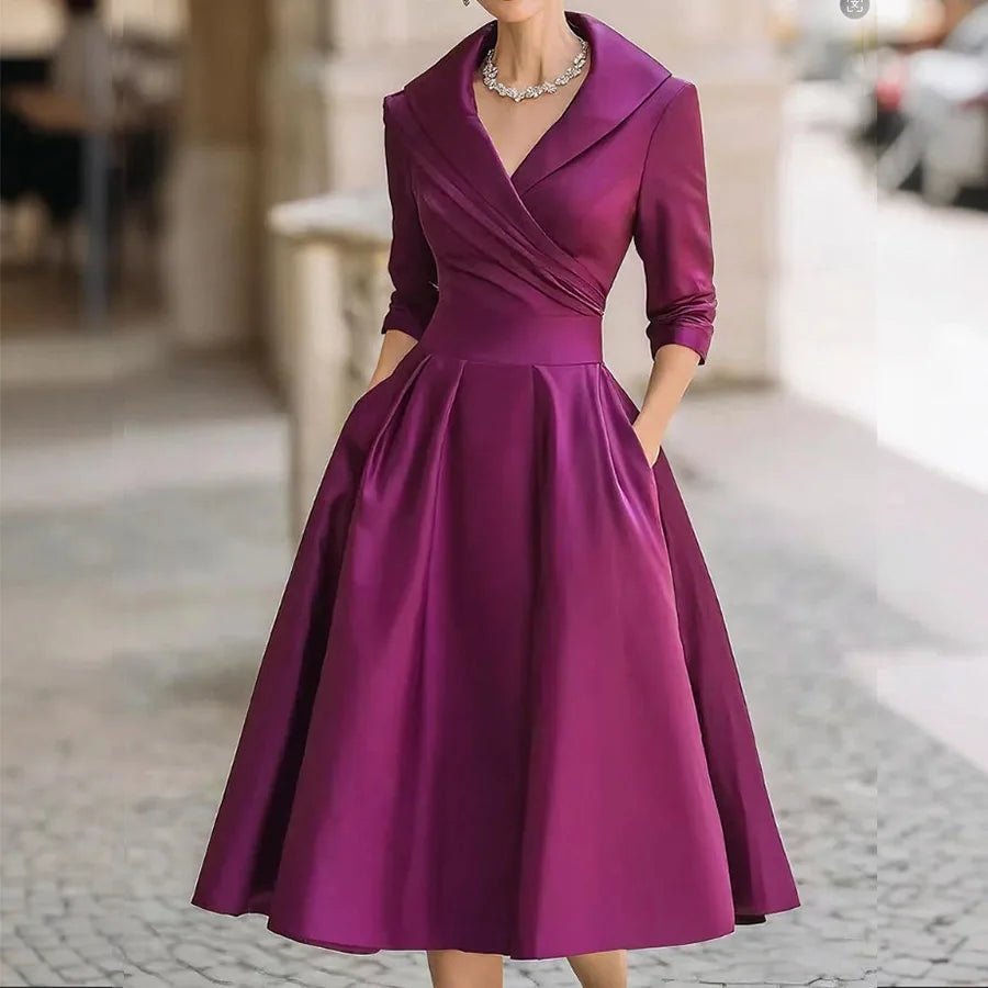 Women Elegant Long Sleeve Turn - down Collar A - line Dress Ladies Mid - Length Evening Dresess Cocktail Party Dresses - PratSN