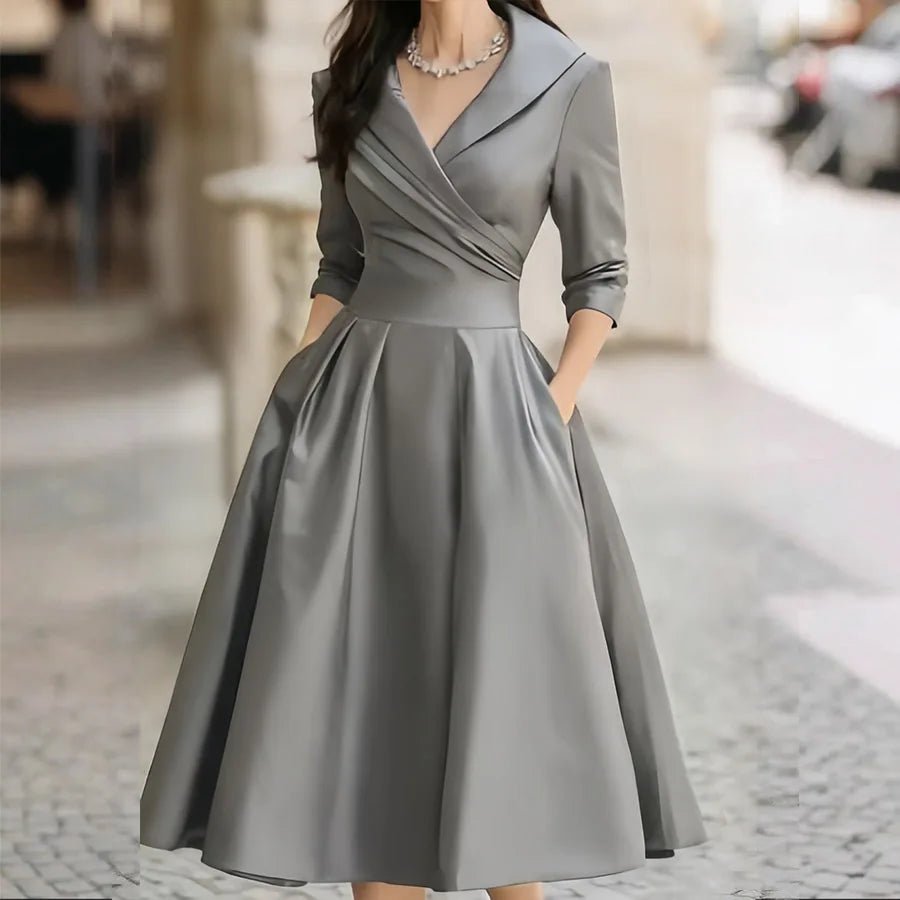 Women Elegant Long Sleeve Turn - down Collar A - line Dress Ladies Mid - Length Evening Dresess Cocktail Party Dresses - PratSN