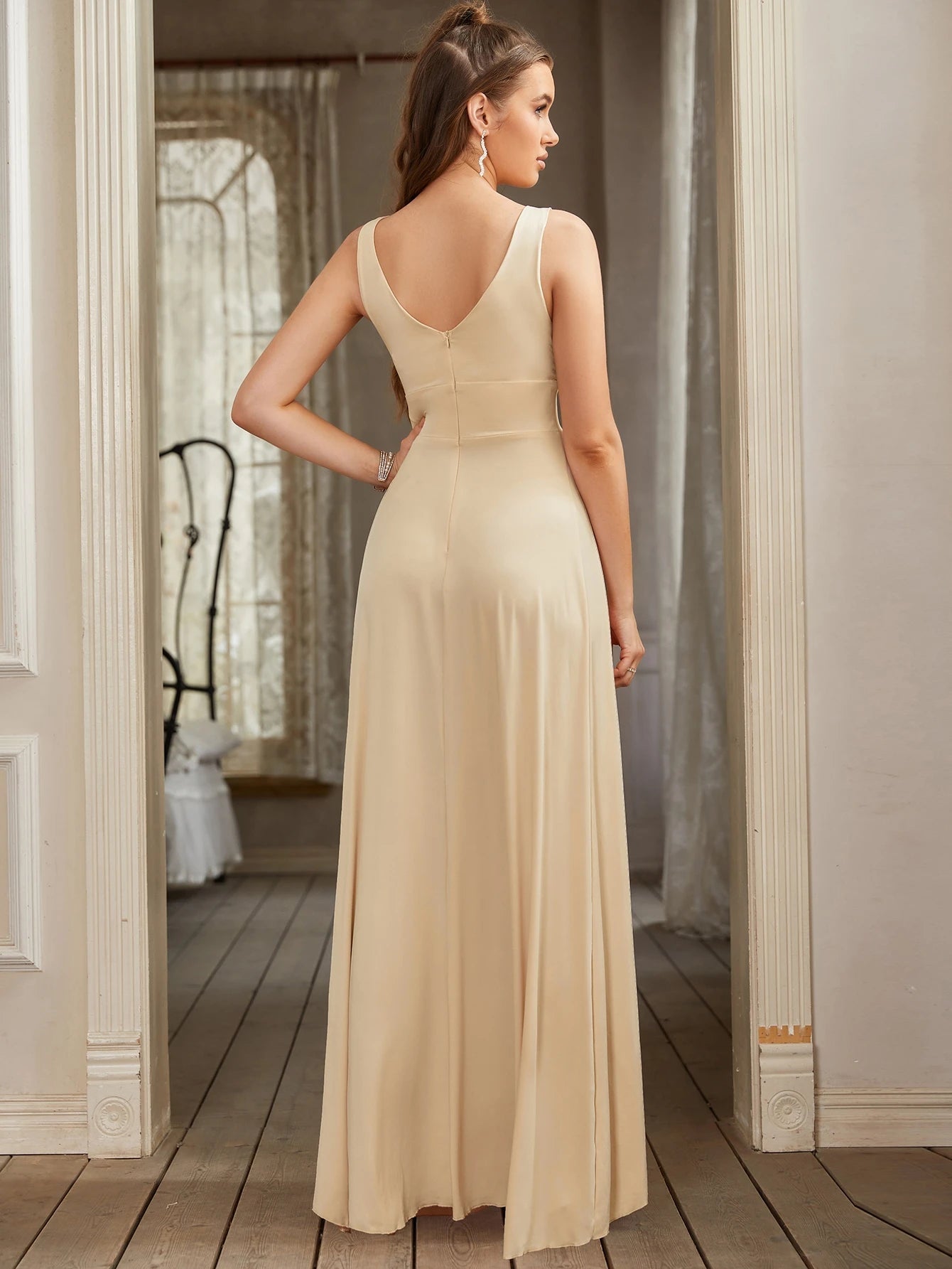 Women Evening Dresses Formal Occasion Sexy Split V Neck Backless Sleeveless Cocktail Dresses Wedding Party Prom Gowns Bridesmaid - PratSN
