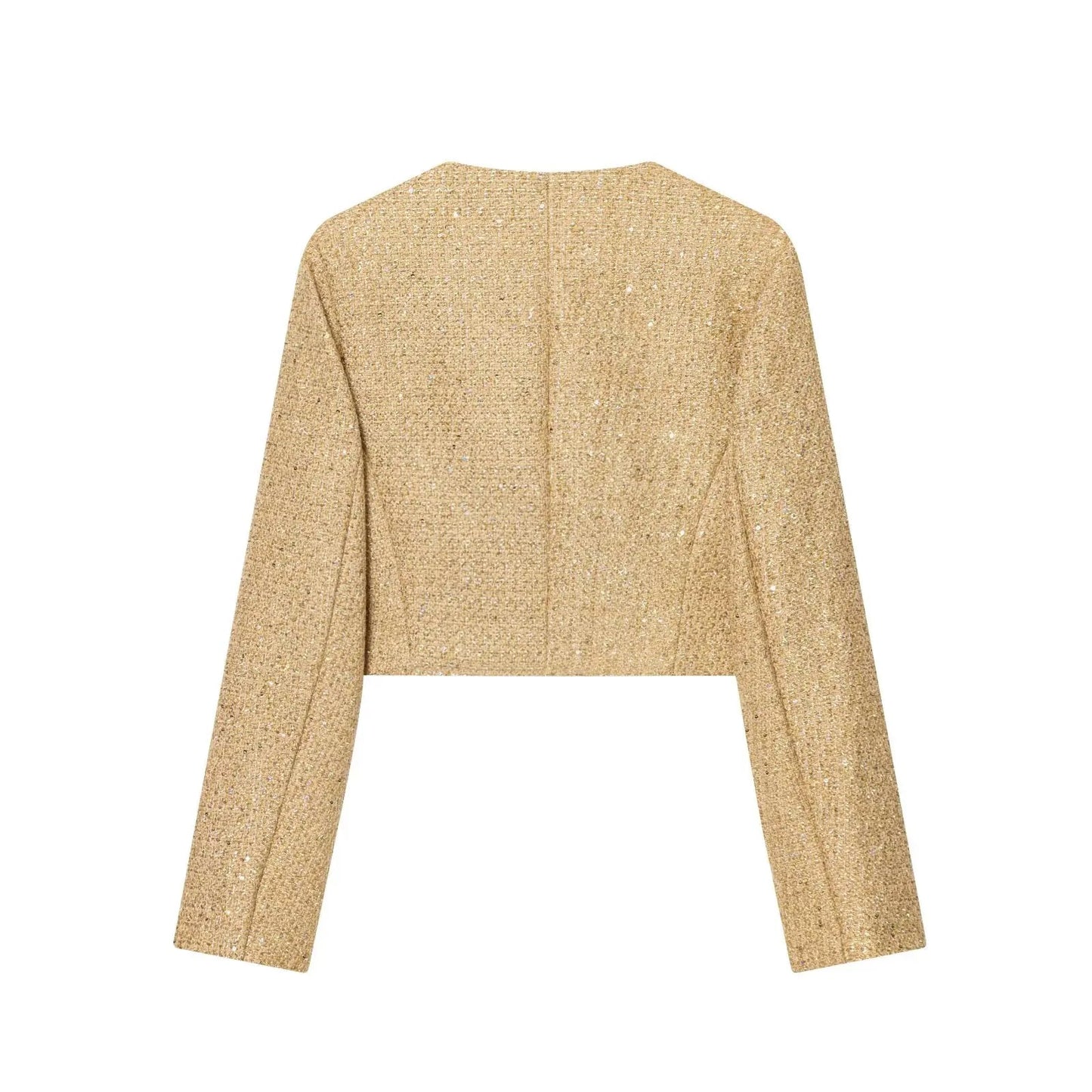 Women Fashion Metallic Thread Short Jacket Fall Long SleeveO - Neck Stretch Hem Jacket Coats Female Chic Streetwear - PratSN