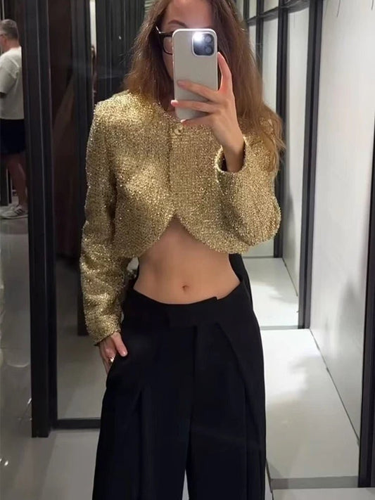 Women Fashion Metallic Thread Short Jacket Fall Long SleeveO - Neck Stretch Hem Jacket Coats Female Chic Streetwear - PratSN
