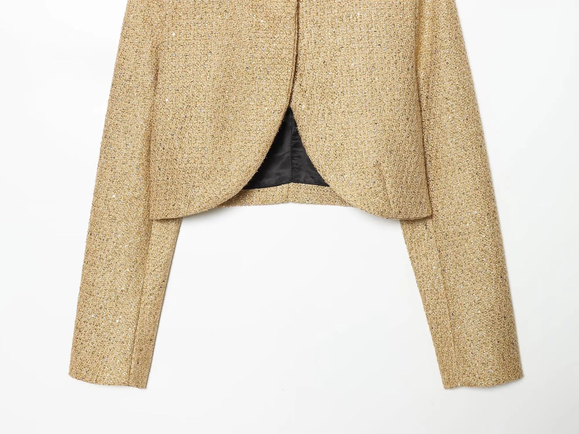 Women Fashion Metallic Thread Short Jacket Fall Long SleeveO - Neck Stretch Hem Jacket Coats Female Chic Streetwear - PratSN