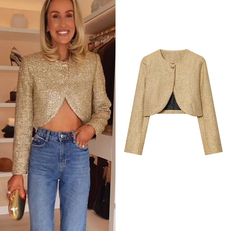 Women Fashion Metallic Thread Short Jacket Fall Long SleeveO - Neck Stretch Hem Jacket Coats Female Chic Streetwear - PratSN