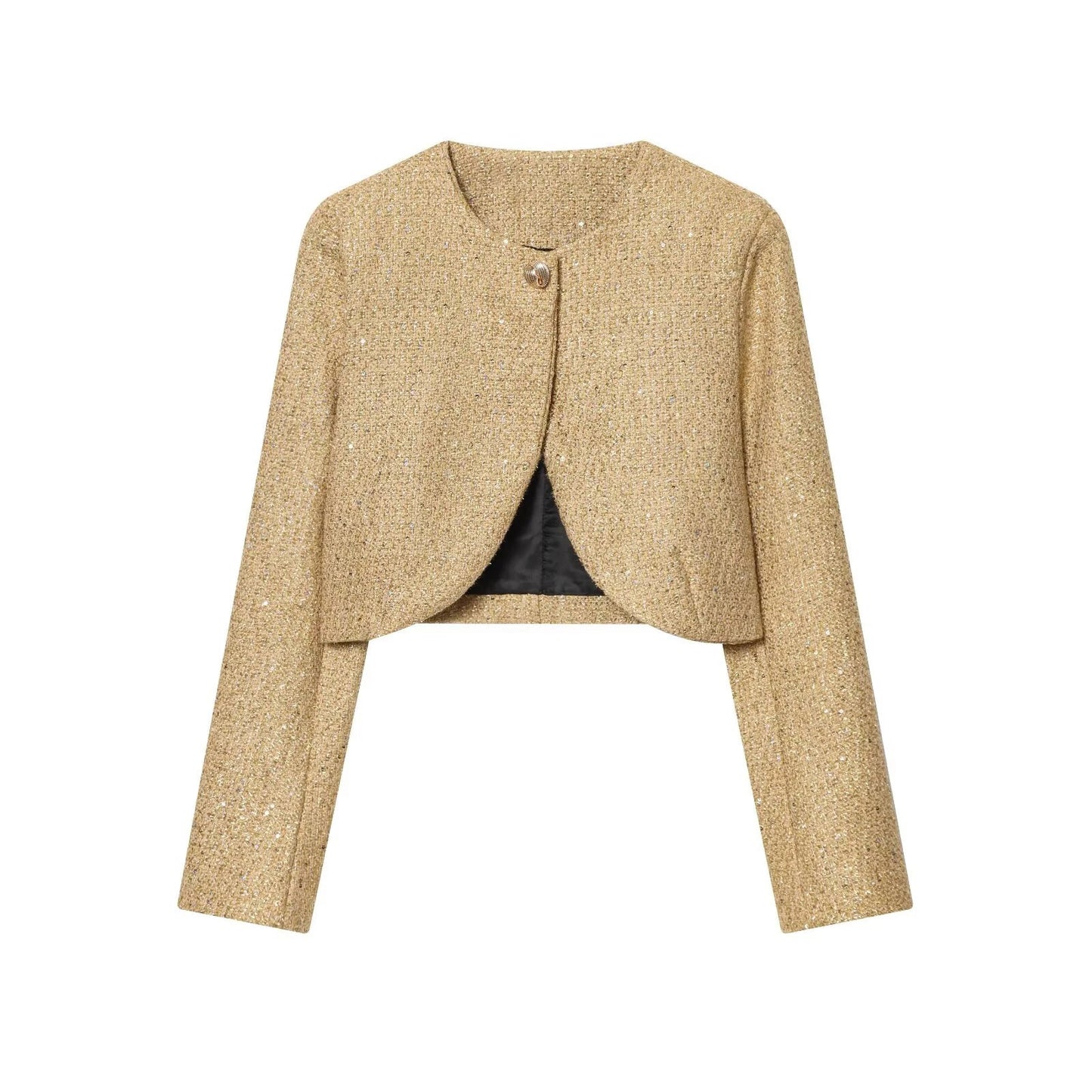 Women Fashion Metallic Thread Short Jacket Fall Long SleeveO - Neck Stretch Hem Jacket Coats Female Chic Streetwear - PratSN