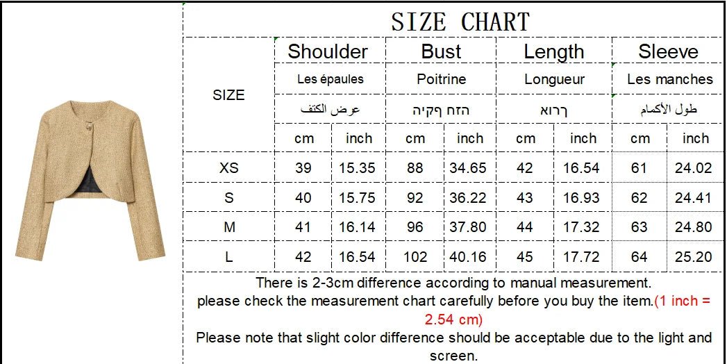 Women Fashion Metallic Thread Short Jacket Fall Long SleeveO - Neck Stretch Hem Jacket Coats Female Chic Streetwear - PratSN