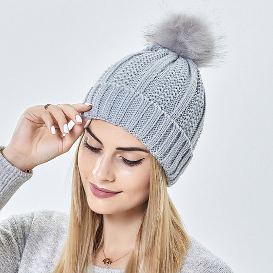 Women Faux Fur Pomp Hat Winter Keep Warming Beanie Hat - PratSN