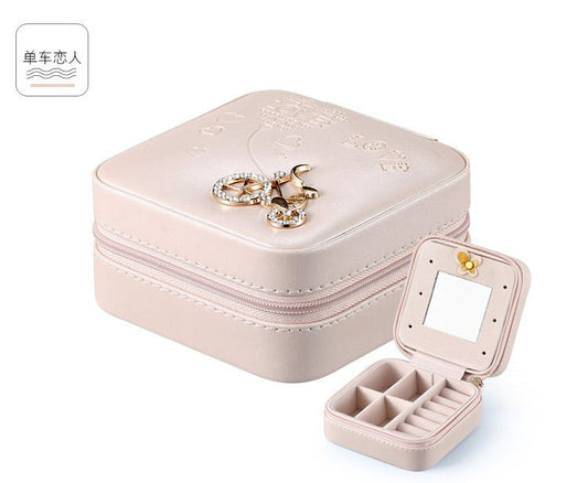 Women Jewelry Organizer Box PU Leather Travel Makeup Cosmetic Case with Mirror & Zipper - PratSN