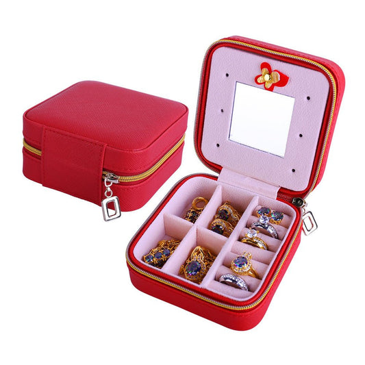 Women Jewelry Organizer Box PU Leather Travel Makeup Cosmetic Case with Mirror & Zipper - PratSN