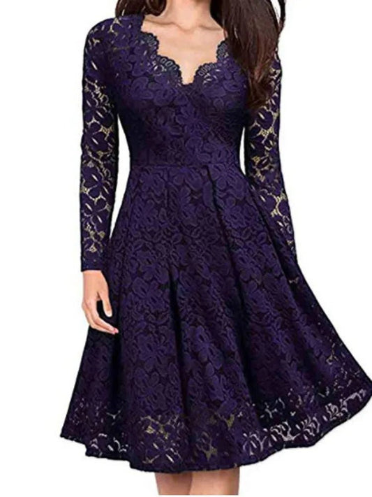 Women Lace A - Line Dress Spring Autumn V Neck Long Sleeve Lace Crochet Patchwork Wine - red Slim Party Dresses - PratSN