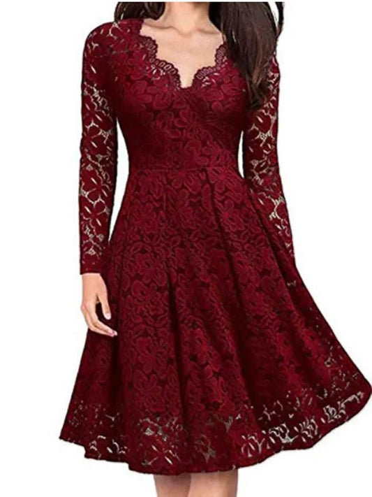 Women Lace A - Line Dress Spring Autumn V Neck Long Sleeve Lace Crochet Patchwork Wine - red Slim Party Dresses - PratSN