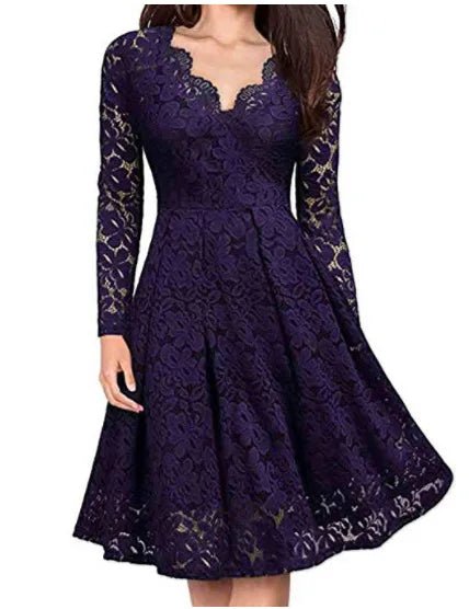 Women Lace A - Line Dress Spring Autumn V Neck Long Sleeve Lace Crochet Patchwork Wine - red Slim Party Dresses - PratSN