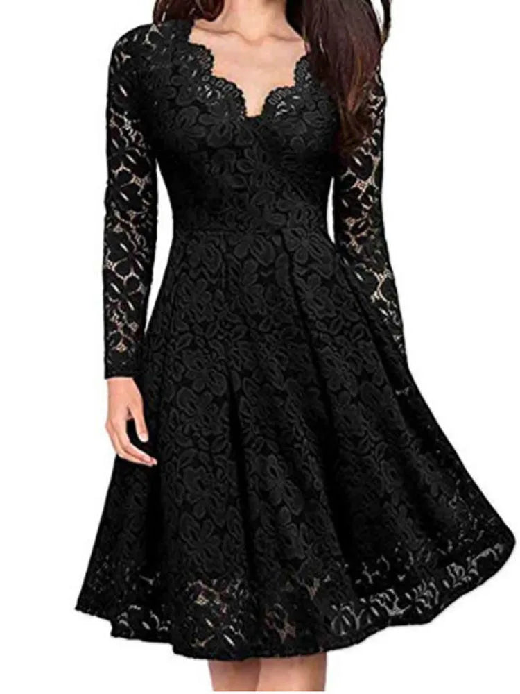 Women Lace A - Line Dress Spring Autumn V Neck Long Sleeve Lace Crochet Patchwork Wine - red Slim Party Dresses - PratSN